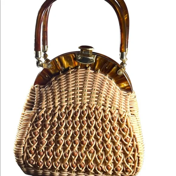 #37 VTG  Wicker Lucite handle fancy woven basket bead purse - Picture 16 of 16